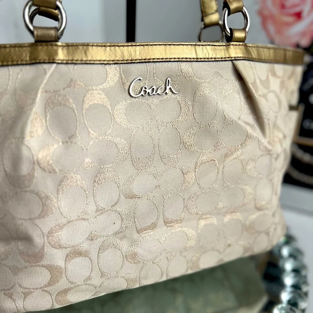 Coach gold Metallic canvas and leather tote bag